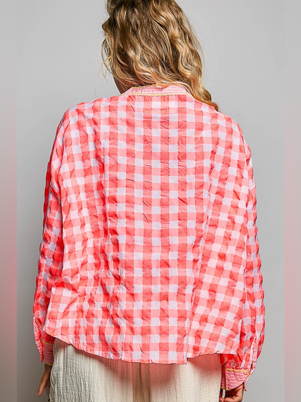 POL Gingham Embroidered Palm Tree Blouse - Picture 6 of 7